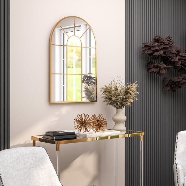 HOMCOM Modern Arched Wall Mirror, 91 x 60 cm Window Mirrors for Living Room, Bedroom, Gold Tone