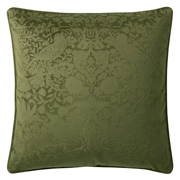 William Morris At Home Strawberry Thief Velvet Embossed 50cm x 50cm Filled Cushion Olive