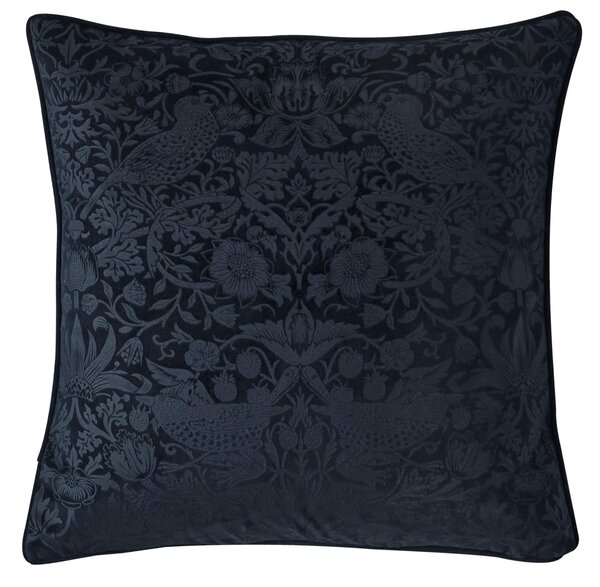 William Morris At Home Strawberry Thief Velvet Embossed 50cm x 50cm Filled Cushion Prussian Blue