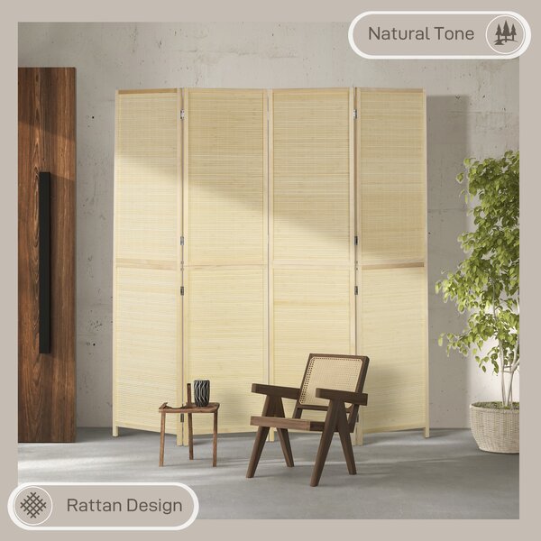 HOMCOM Room Divider, Freestanding Privacy Screen, 4 Panel Folding, 180 x 180cm, Natural