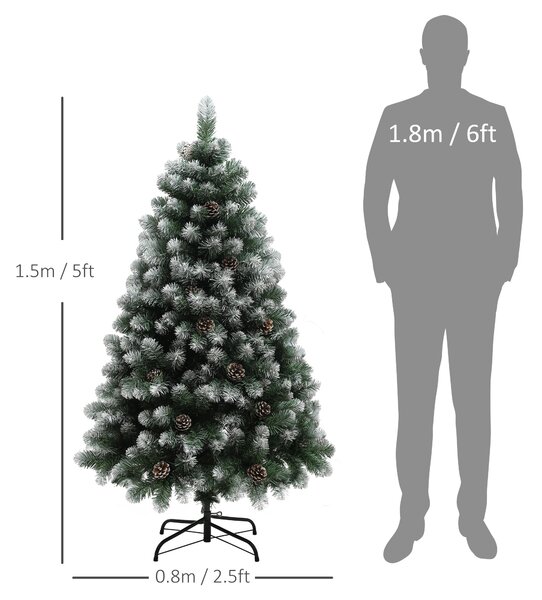 HOMCOM 5ft Artificial Pine Christmas Tree with 489 Branch Tips and Steel Base, Realistic Hinged Tree with Pinecones, Green Aosom UK