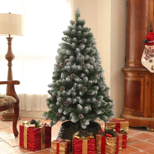 HOMCOM 5ft Artificial Pine Christmas Tree with 489 Branch Tips and Steel Base, Realistic Hinged Tree with Pinecones, Green Aosom UK
