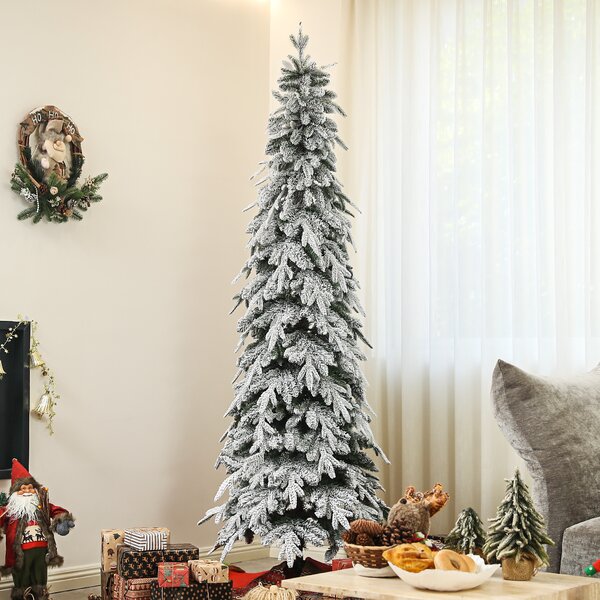 HOMCOM Pencil Christmas Tree, 7ft Artificial Christmas Tree, Snow Flocked Xmas Tree with Downswept Branches and 800 Tips, for Home, Green Aosom UK