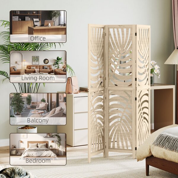 HOMCOM 3 Panel Room Divider, Detachable Folding Privacy Screens with Palm Leaf Design for Home Office, Natural Wood Finish