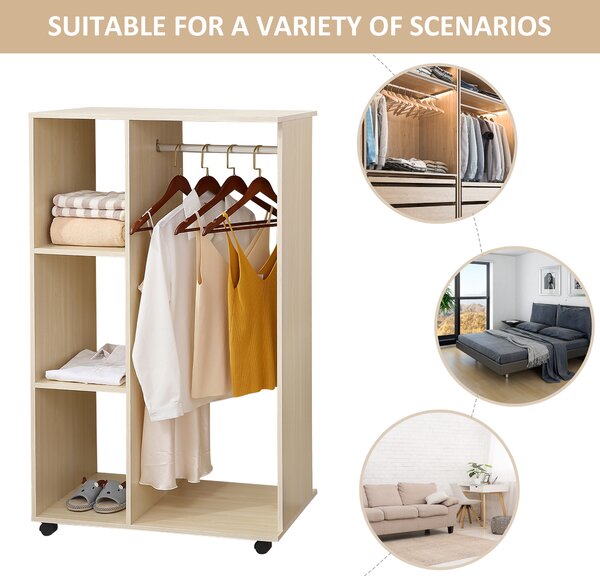 HOMCOM Open Wardrobe on Wheels, Bedroom Wardrobe with Clothes Hanging Rail, 3 Storage Shelves, Mobile Garment Rack for Cloakroom, Hallway, Maple Wood-Effect