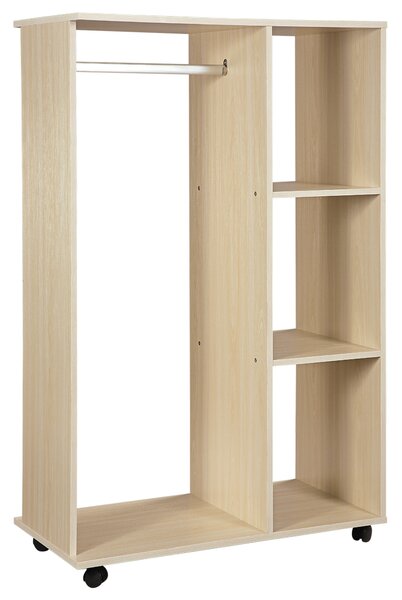 HOMCOM Open Wardrobe on Wheels, Bedroom Wardrobe with Clothes Hanging Rail, 3 Storage Shelves, Mobile Garment Rack for Cloakroom, Hallway, Maple Wood-Effect