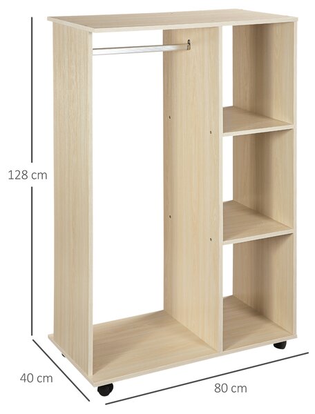 HOMCOM Open Wardrobe on Wheels, Bedroom Wardrobe with Clothes Hanging Rail, 3 Storage Shelves, Mobile Garment Rack for Cloakroom, Hallway, Maple Wood-Effect