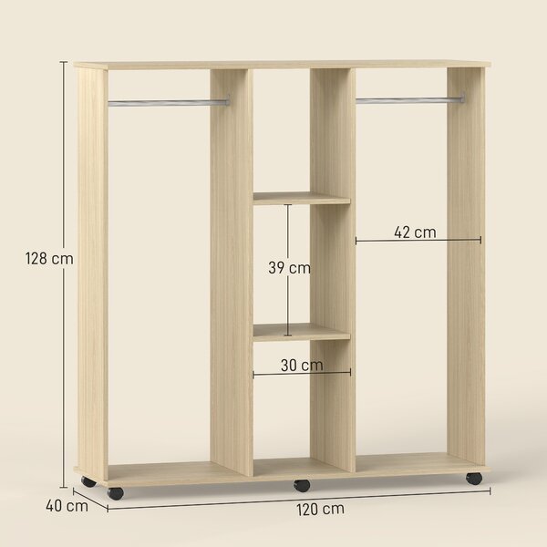 HOMCOM Open Wardrobe Double Mobile Storage Shelves Organizer W/6 Wheels-Natural