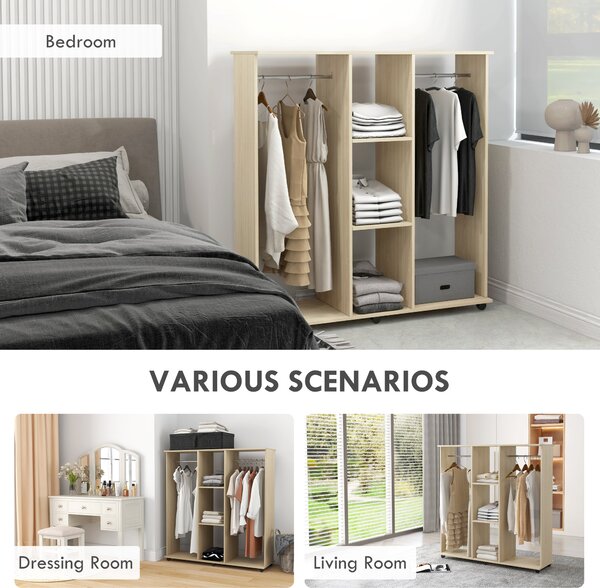 HOMCOM Open Wardrobe Double Mobile Storage Shelves Organizer W/6 Wheels-Natural