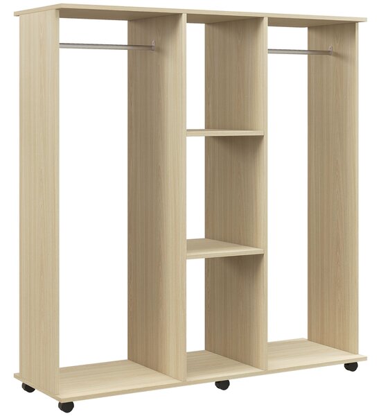 HOMCOM Open Wardrobe Double Mobile Storage Shelves Organizer W/6 Wheels-Natural