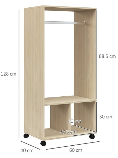 HOMCOM Open Wardrobe on Wheels, Bedroom Wardrobe with Clothes Hanging Rail, 2 Storage Shelves, Mobile Garment Rack for Cloakroom, Hallway, Natural