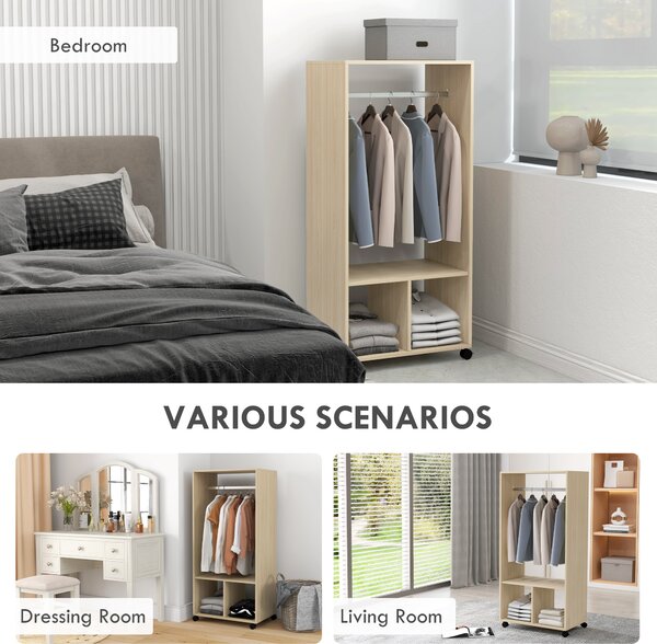 HOMCOM Open Wardrobe on Wheels, Bedroom Wardrobe with Clothes Hanging Rail, 2 Storage Shelves, Mobile Garment Rack for Cloakroom, Hallway, Natural