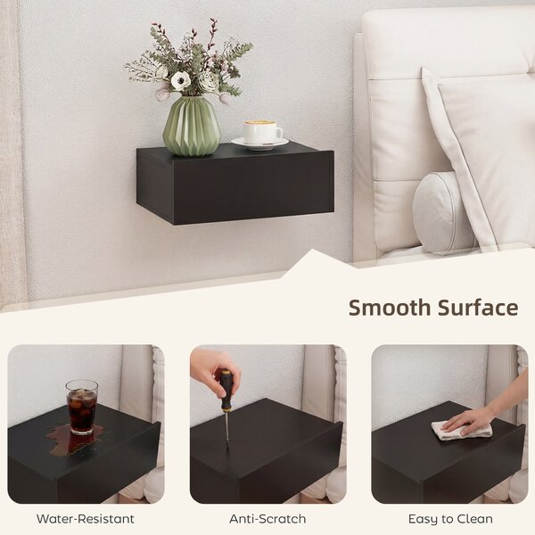 HOMCOM Floating Bedside Table Set of 2, Wall-Mounted Nightstand with Storage Drawer, Small Side End Table for Bedroom, Black