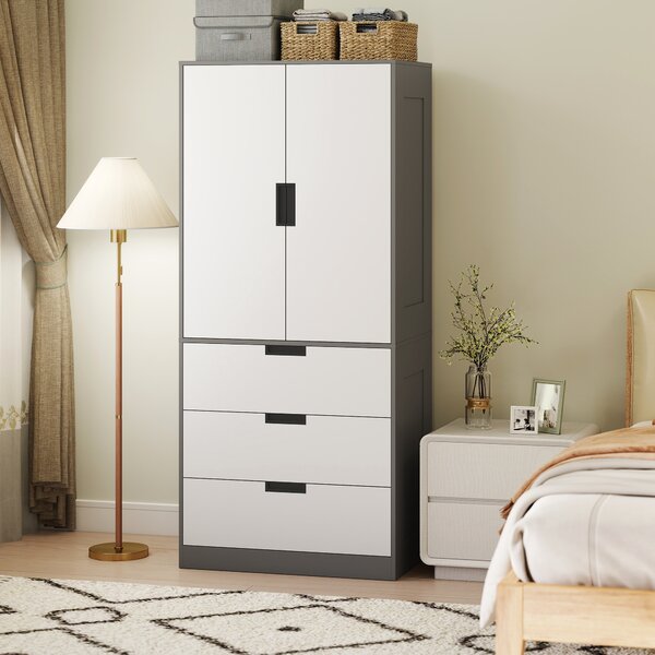 HOMCOM 2 Door Wardrobe, Modern Wardrobe with 3 Drawers and Hanging Rod for Bedroom, Grey