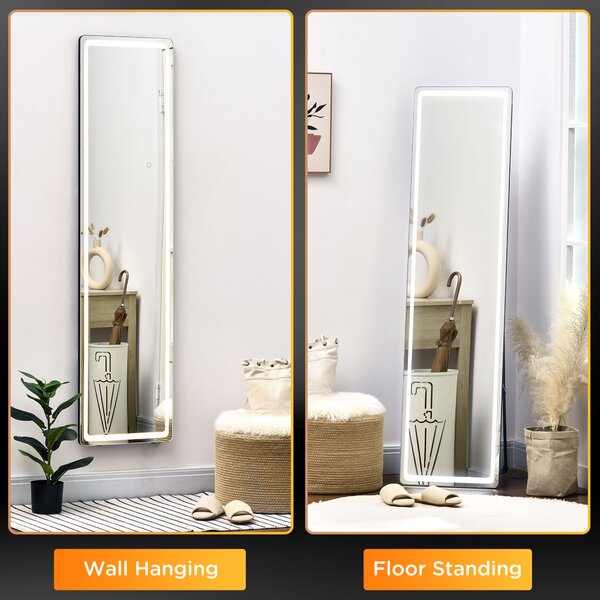 HOMCOM Freestanding Full-Length Mirror with LED Lights, Remote Control, Floor or Wall Mounted for Bedroom Aosom UK