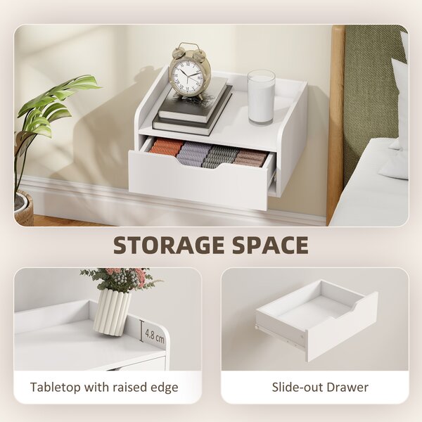HOMCOM Floating Nightstands Set of 2, Wall Mounted Bedside Table with Drawer for Bedroom, White