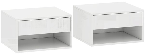 HOMCOM Set of Two Floating Bedside Tables, Wall Mounted Nightstand with Drawer and Open Shelf, High Gloss White