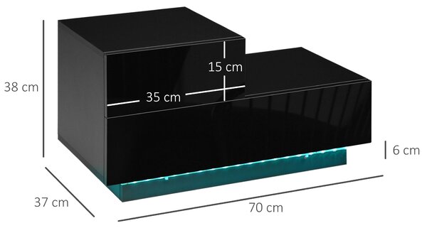 HOMCOM High Gloss Front Bedside Table with Drawers Nightstand with RGB LED Light and Remote for Bedroom Living Room Black