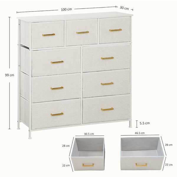 HOMCOM Chest of Drawers with 9 Fabric Drawers, Boucle Storage Organiser with Steel Frame, Fabric Dresser for Bedroom, Living Room, Hallway, Cream White
