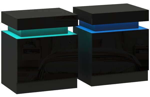 HOMCOM High Gloss Front Bedside Tables Set of 2, Nightstands with RGB LED Light and 2 Drawers, Chest of Drawers for Bedroom, Living Room, Black