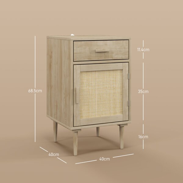 HOMCOM Bedside Tables Set of 2, Rattan Side Tables with Drawer, Cabinet and Adjustable Shelf, Boho Bedside Cabinets with Storage for Bedroom, Living Room, Natural Wood Finish