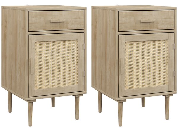 HOMCOM Bedside Tables Set of 2, Rattan Side Tables with Drawer, Cabinet and Adjustable Shelf, Boho Bedside Cabinets with Storage for Bedroom, Living Room, Natural Wood Finish