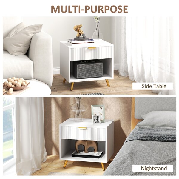 HOMCOM Bedside Tables Set of 2, Bedside Cabinets With Drawer and Open Compartment, Nightstands With Handle for Bedroom, Living Room, White