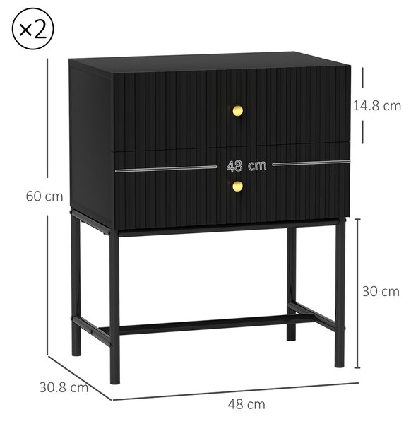 HOMCOM Elegant Two-Drawer Bedside Table Set of 2 - Black