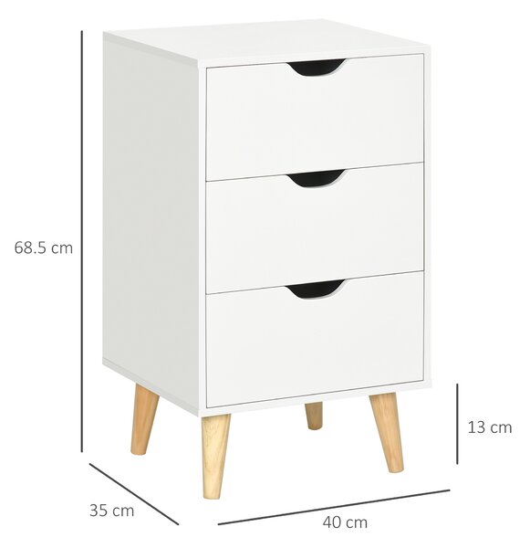 HOMCOM Set of 2 Bedside Tables, Modern Nightstand Side End Table with 3 Storage Drawers and Solid Pine Wood Legs for Bedroom Living Room Entryway, White