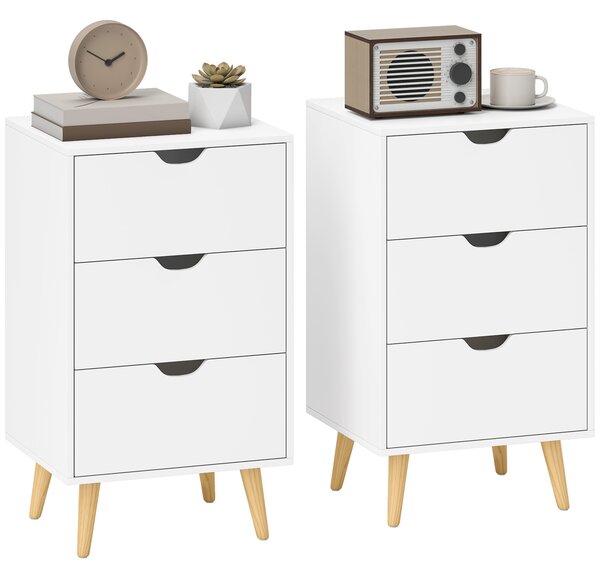 HOMCOM Set of 2 Bedside Tables, Modern Nightstand Side End Table with 3 Storage Drawers and Solid Pine Wood Legs for Bedroom Living Room Entryway, White