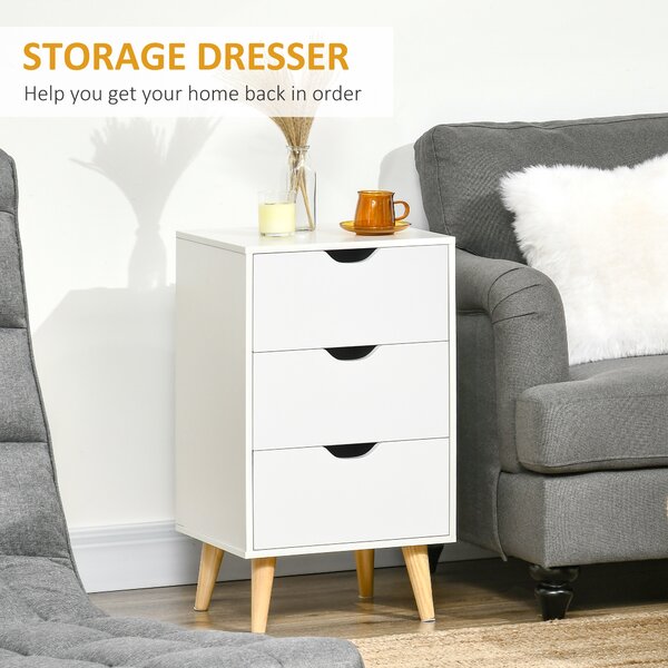 HOMCOM Set of 2 Bedside Tables, Modern Nightstand Side End Table with 3 Storage Drawers and Solid Pine Wood Legs for Bedroom Living Room Entryway, White