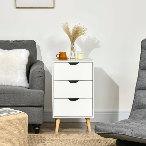 HOMCOM Set of 2 Bedside Tables, Modern Nightstand Side End Table with 3 Storage Drawers and Solid Pine Wood Legs for Bedroom Living Room Entryway, White