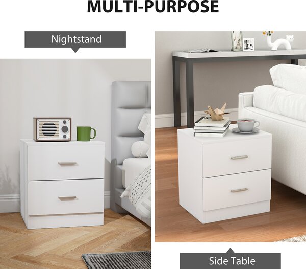 HOMCOM Set of 2 Modern Nightstands, Bedside Tables with 2 Storage Drawers, Accent End Table for Bedroom and Living Room, White