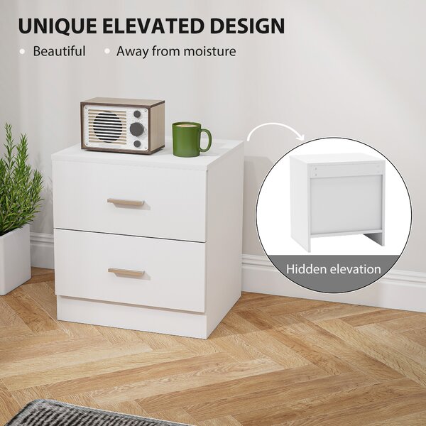 HOMCOM Set of 2 Modern Nightstands, Bedside Tables with 2 Storage Drawers, Accent End Table for Bedroom and Living Room, White