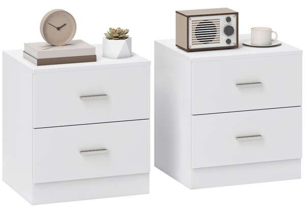 HOMCOM Set of 2 Modern Nightstands, Bedside Tables with 2 Storage Drawers, Accent End Table for Bedroom and Living Room, White