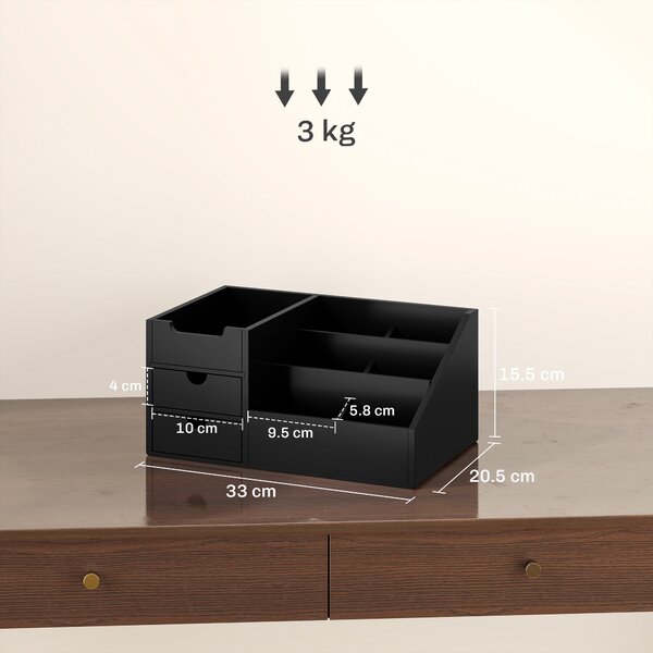 HOMCOM Desk Organiser Holder, Bamboo Multi-Function Storage Caddy with 7 Storage Compartments and 2 Drawers for Home Office Stationary Supplies, Black