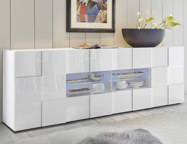 Aleta High Gloss Sideboard With 2 Doors 4 Drawers In White And LED