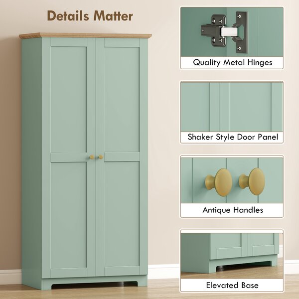 HOMCOM Kitchen Cupboard, 172cm Freestanding Storage Cabinet with Doors and Shelves, Light Green