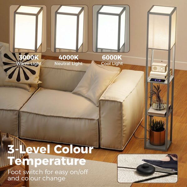 HOMCOM Floor Lamp with Shelves, 3 Layer Column Modern Standing Lamp for Living Room, Bedroom, Office, Grey
