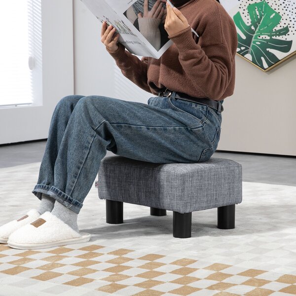 HOMCOM Linen Fabric Footstool Ottoman, Cube Design, with 4 Plastic Legs, Compact and Versatile, Grey Aosom UK