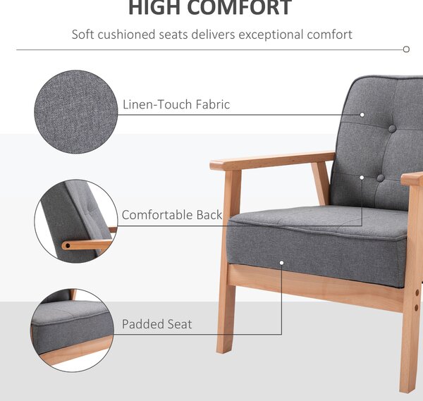 HOMCOM Minimalistic Wooden Frame Accent Chair, HOMCOM Armchair with Padded Seat - Dark Grey Aosom UK