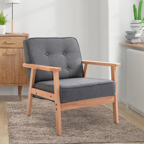 HOMCOM Minimalistic Wooden Frame Accent Chair, HOMCOM Armchair with Padded Seat - Dark Grey Aosom UK