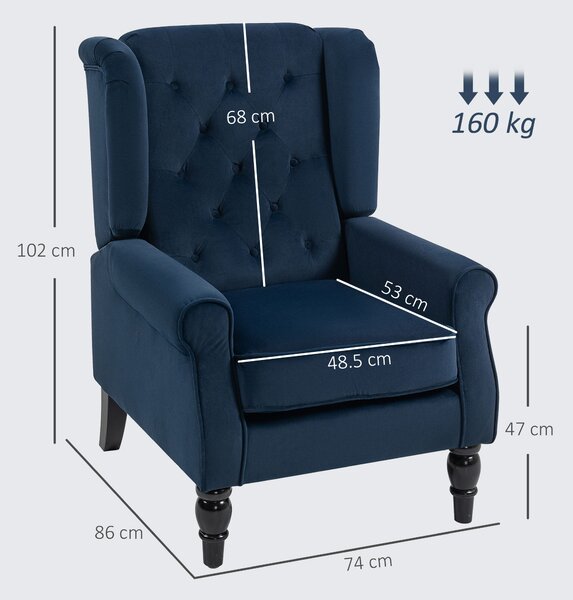 HOMCOM Wingback Accent Chair, Retro Upholstered Button Tufted Occasional Chair for Living Room and Bedroom, Dark Blue