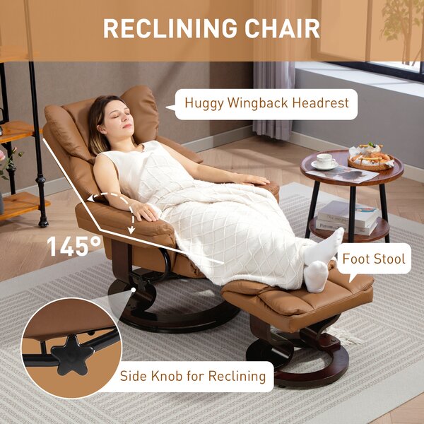 HOMCOM 360° Swivel Recliner Chair with Footstool, PU Leather Manual Recliner Armchair with Footstool, Solid Wood Base, Upholstered Reclining Chair for Living Room, Bedroom, Office, Brown