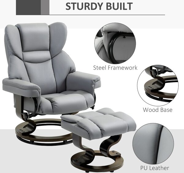 Faux Leather Recliner Chair and Footstool, HOMCOM Swivel Upholstered Armchair w/ Adjustable Backrest, Wood Base, Light Grey Aosom UK