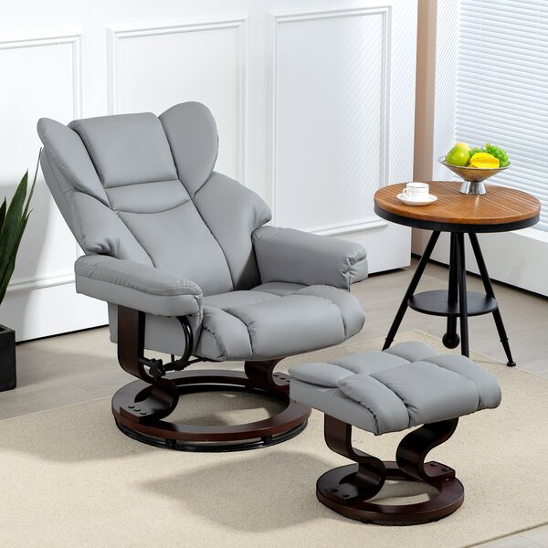Faux Leather Recliner Chair and Footstool, HOMCOM Swivel Upholstered Armchair w/ Adjustable Backrest, Wood Base, Light Grey Aosom UK