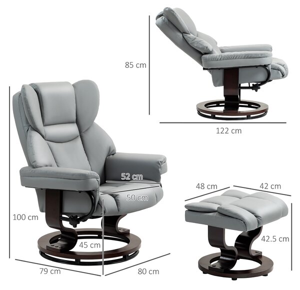 Faux Leather Recliner Chair and Footstool, HOMCOM Swivel Upholstered Armchair w/ Adjustable Backrest, Wood Base, Light Grey Aosom UK
