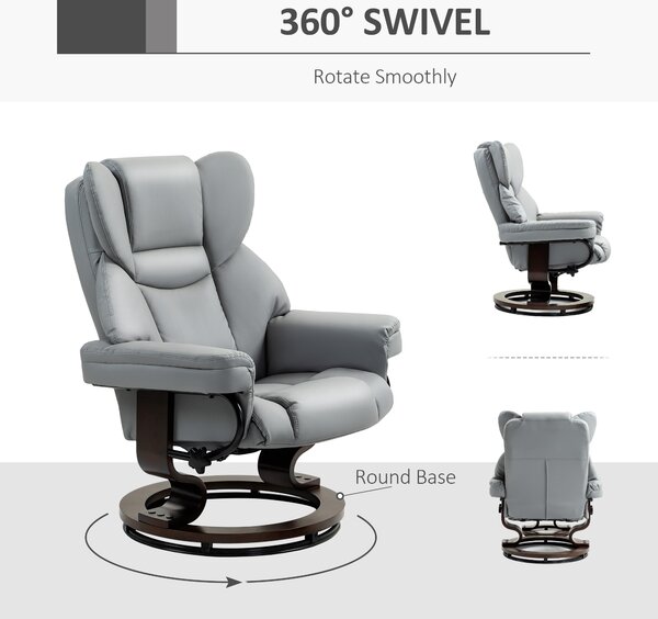 Faux Leather Recliner Chair and Footstool, HOMCOM Swivel Upholstered Armchair w/ Adjustable Backrest, Wood Base, Light Grey Aosom UK