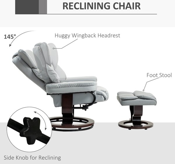 Faux Leather Recliner Chair and Footstool, HOMCOM Swivel Upholstered Armchair w/ Adjustable Backrest, Wood Base, Light Grey Aosom UK
