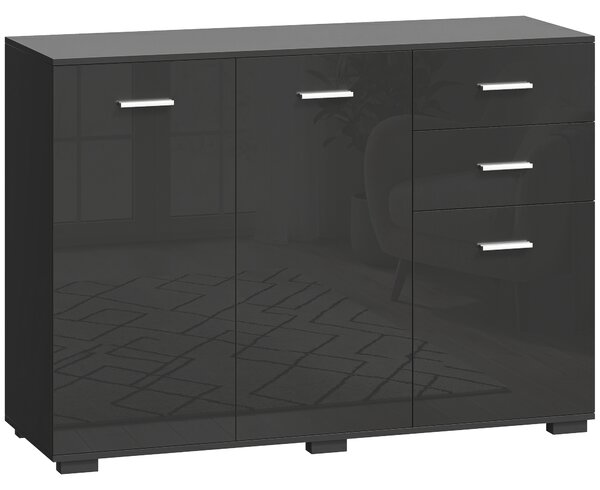 HOMCOM Sideboard, Modern Storage Cabinet with 2 Drawers, 3 Doors and Adjustable Shelves, High Gloss Black